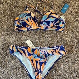 Cupshe Navy Swim Set with Orange & Aqua Leaf Accents